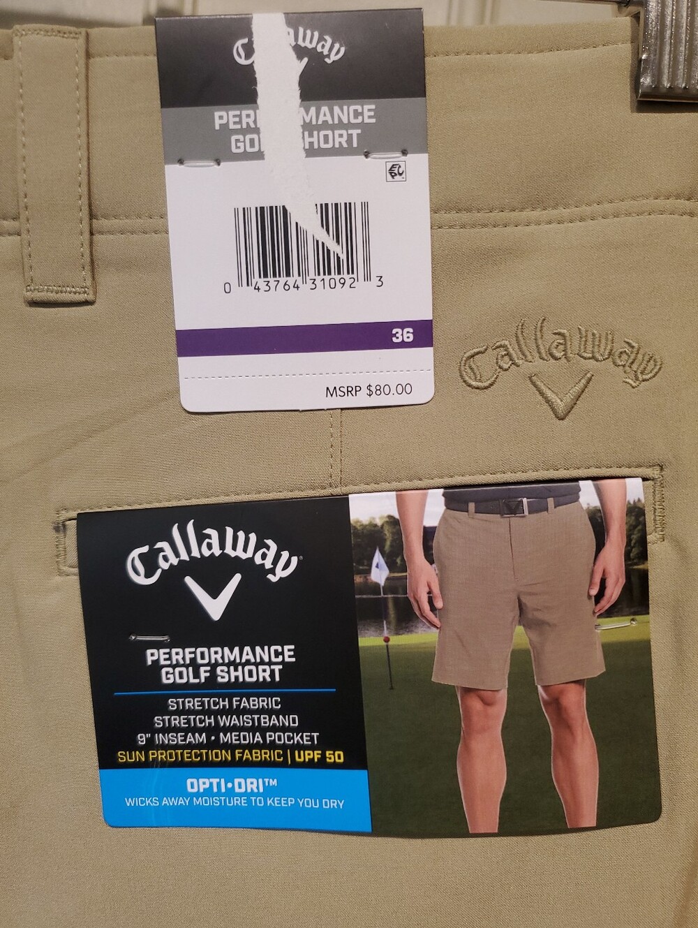 NWT Callaway Men's Flat-Front Tan Golf Performance Shorts 9" Inseam Size 36 - Picture 5 of 11